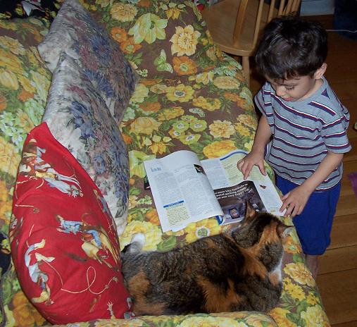 David reads to the cat.